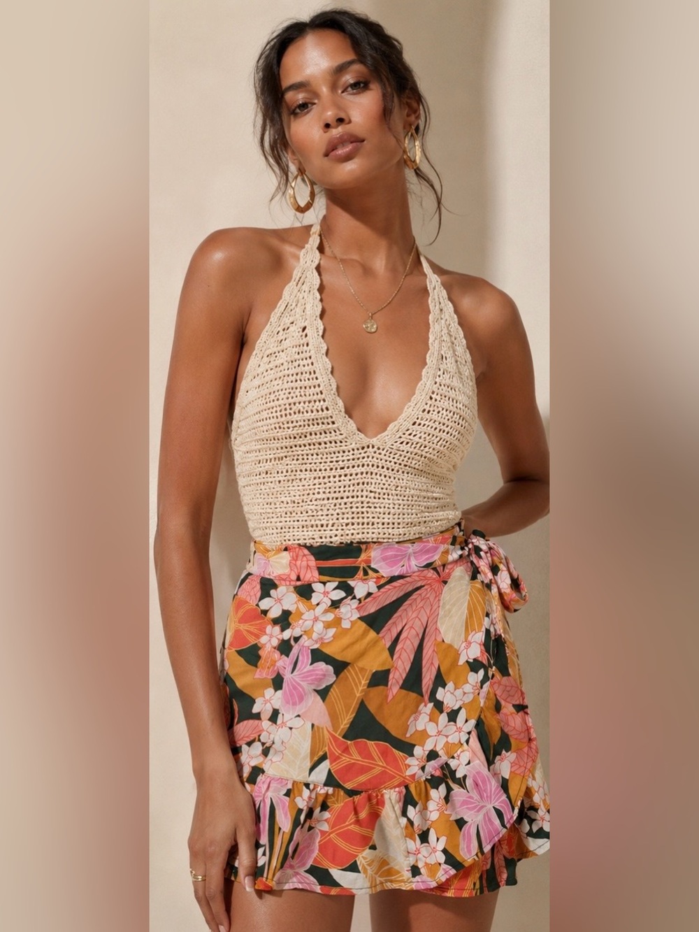 Aerie Tropical Floral Wrap Mini Skirt Ruffle Tie Waist Multicolor Linen blend S